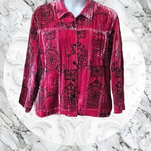  CHICO'S FUSHIA & BLACK NEW embroidered designs  longSleeve velvet silk Jacket